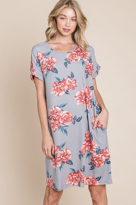 BOMBOM Floral Round Neck Short Tee Dress with Pockets