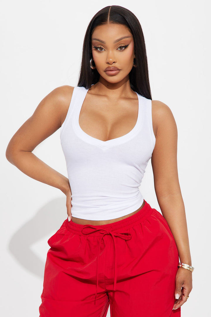 Lena Ribbed V Neck Tank Top - White