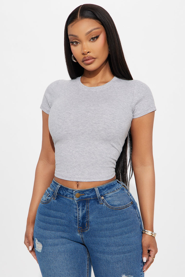 Fawn Ribbed Crew Neck Washed Baby Tee - Heather Grey