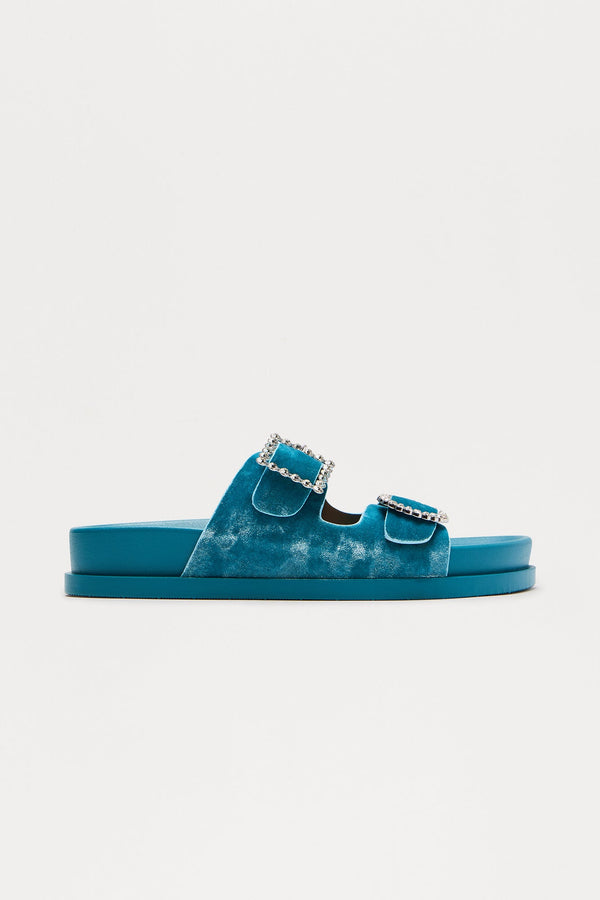 Ivona Rhinestone Buckle Velvet Sandals - Blue