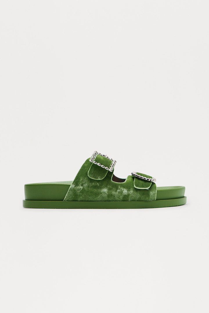 Ivona Rhinestone Buckle Velvet Sandals - Olive