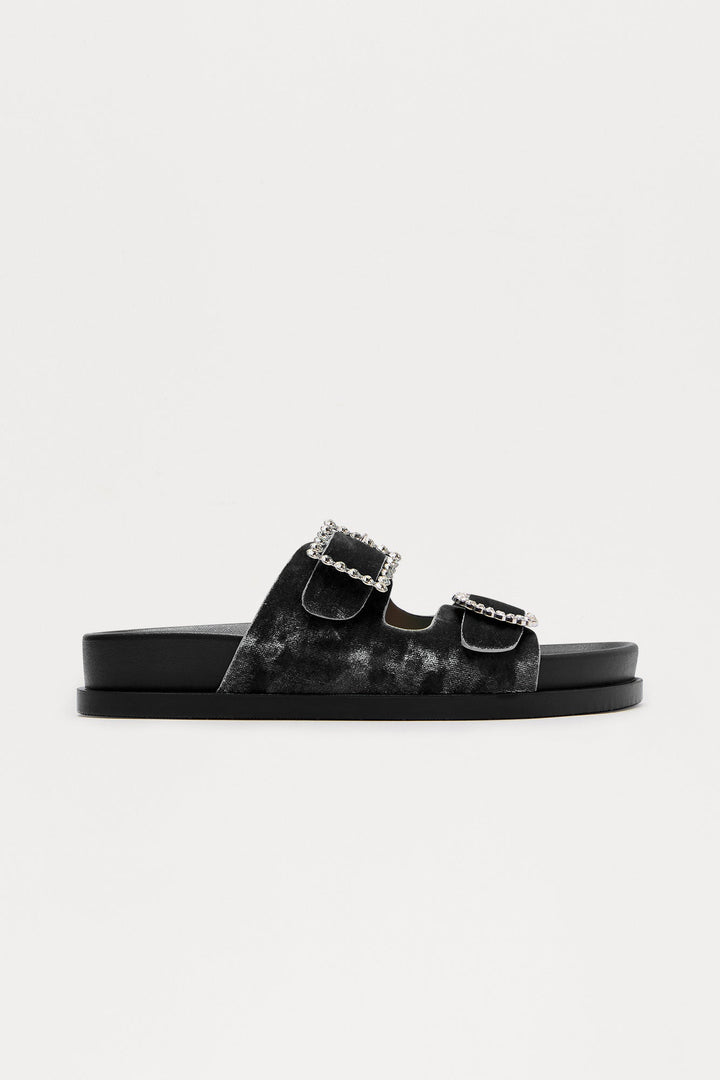 Ivona Rhinestone Buckle Velvet Sandals - Black