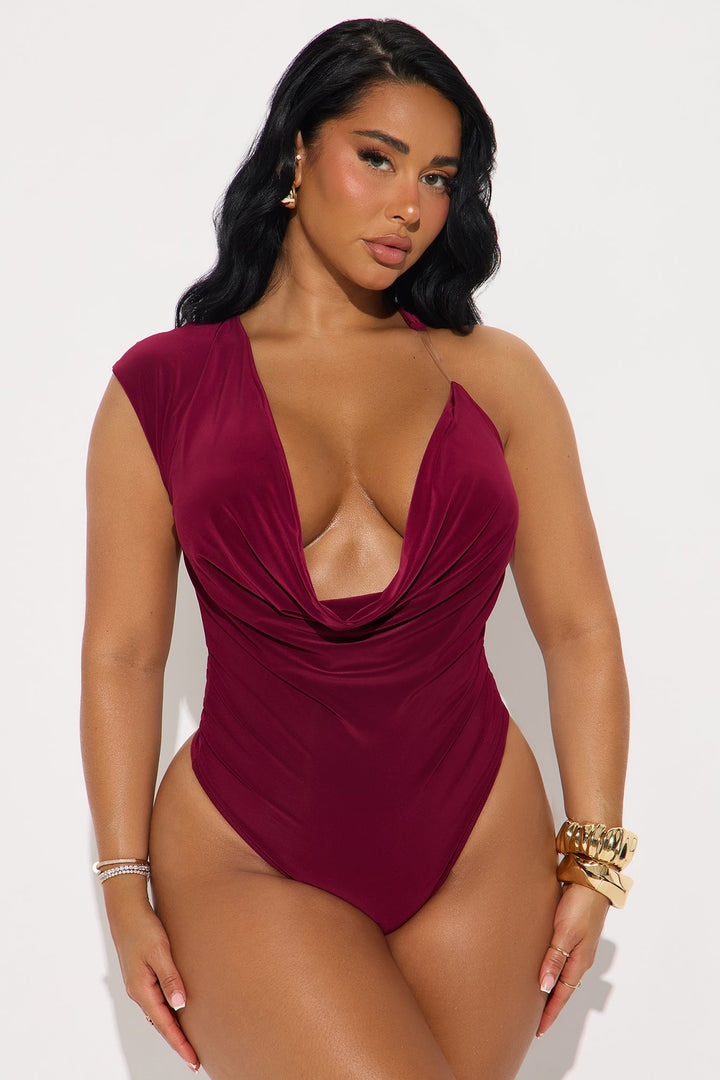 Cascading Passion Cowl Neck Bodysuit - Burgundy