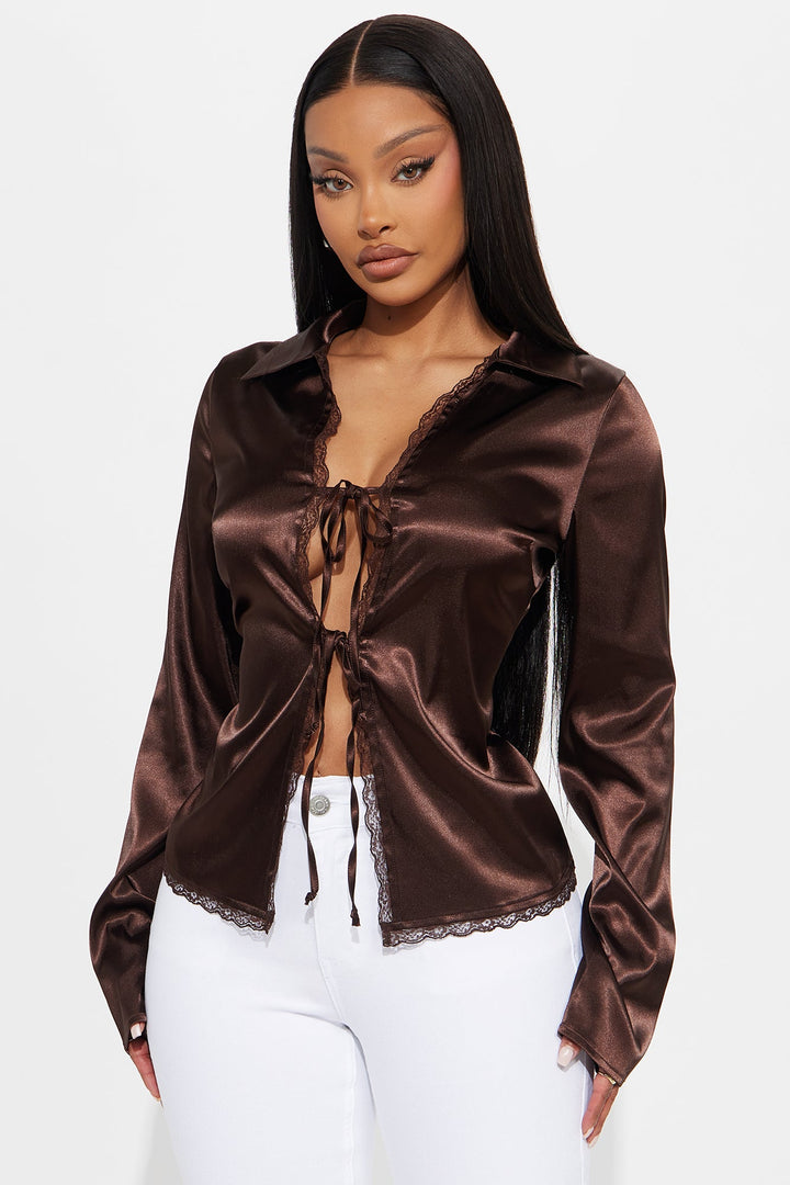 Midnight Snack Tie Front Satin Blouse - Chocolate