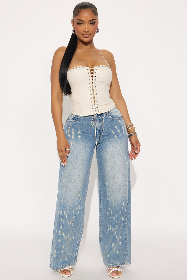 Left On Read Distressed Wide Leg Jeans - Medium Wash