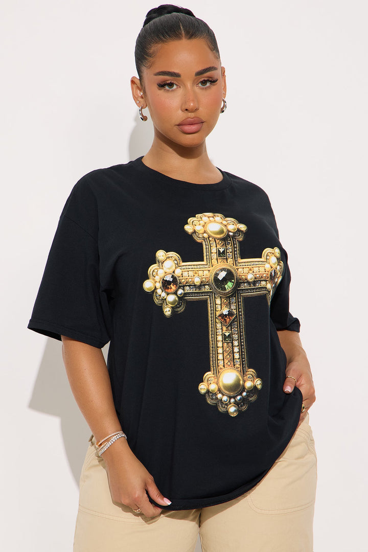 Jeweled Cross Oversized Tee - Black