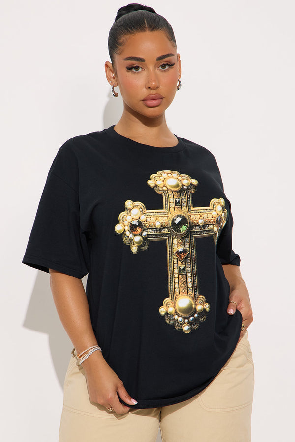 Jeweled Cross Oversized Tee - Black