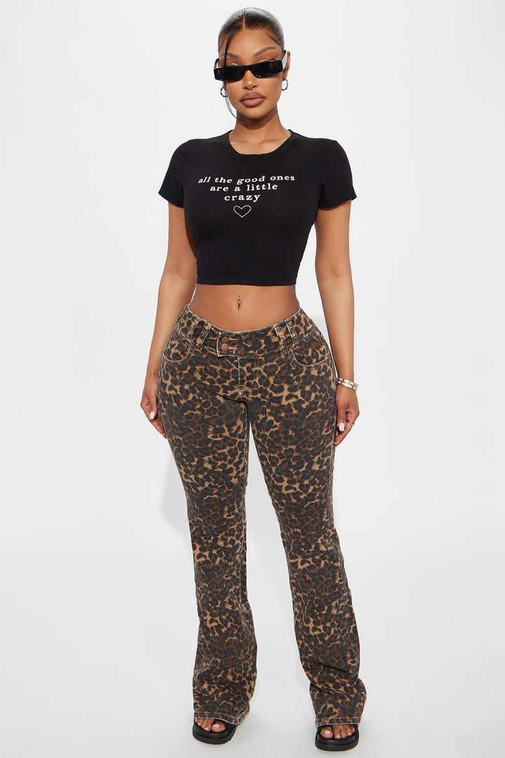 Wild One Leopard Print Flare Jeans - Brown/combo