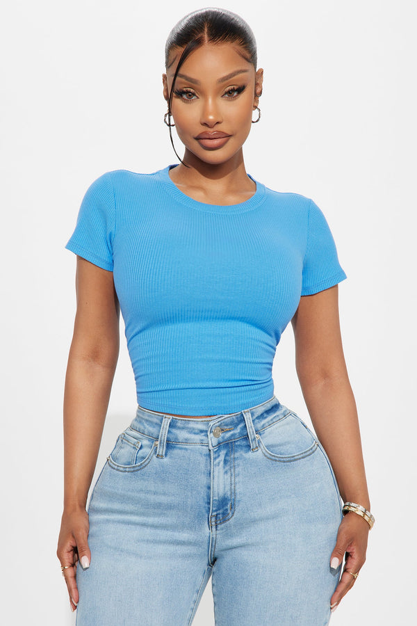 Fawn Ribbed Crew Neck Washed Baby Tee - Blue