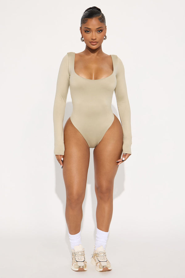 Contour Double Lined Long Sleeve Wide Scoop Neck Bodysuit - Stone