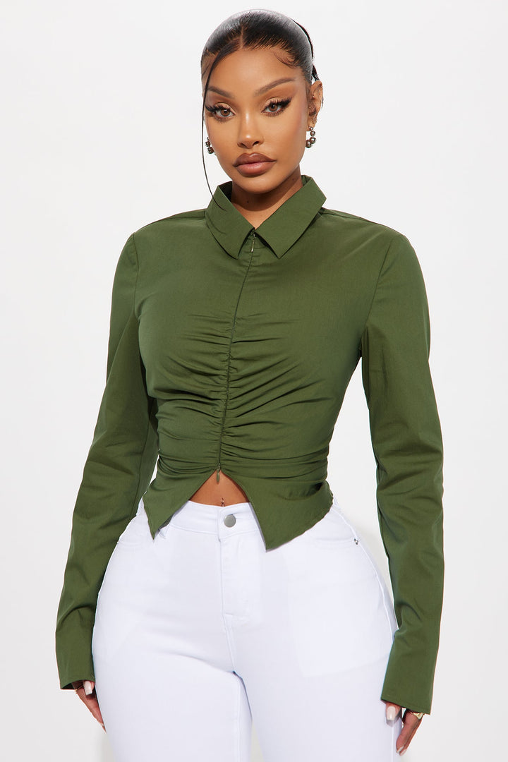 Mellowed Out Front Zip Poplin Shirt - Dark Olive