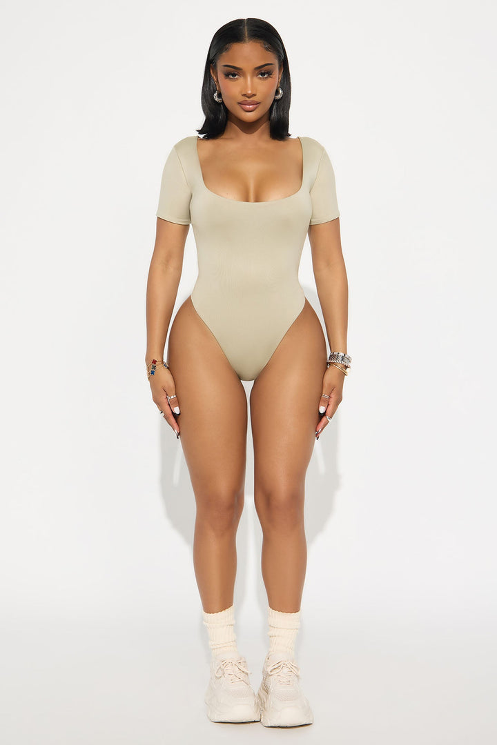 Contour Double Lined Short Sleeve Scoop Neck Bodysuit - Stone