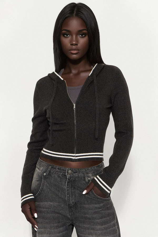 Snuggle Season Zip Front Hooded Sweater - Charcoal