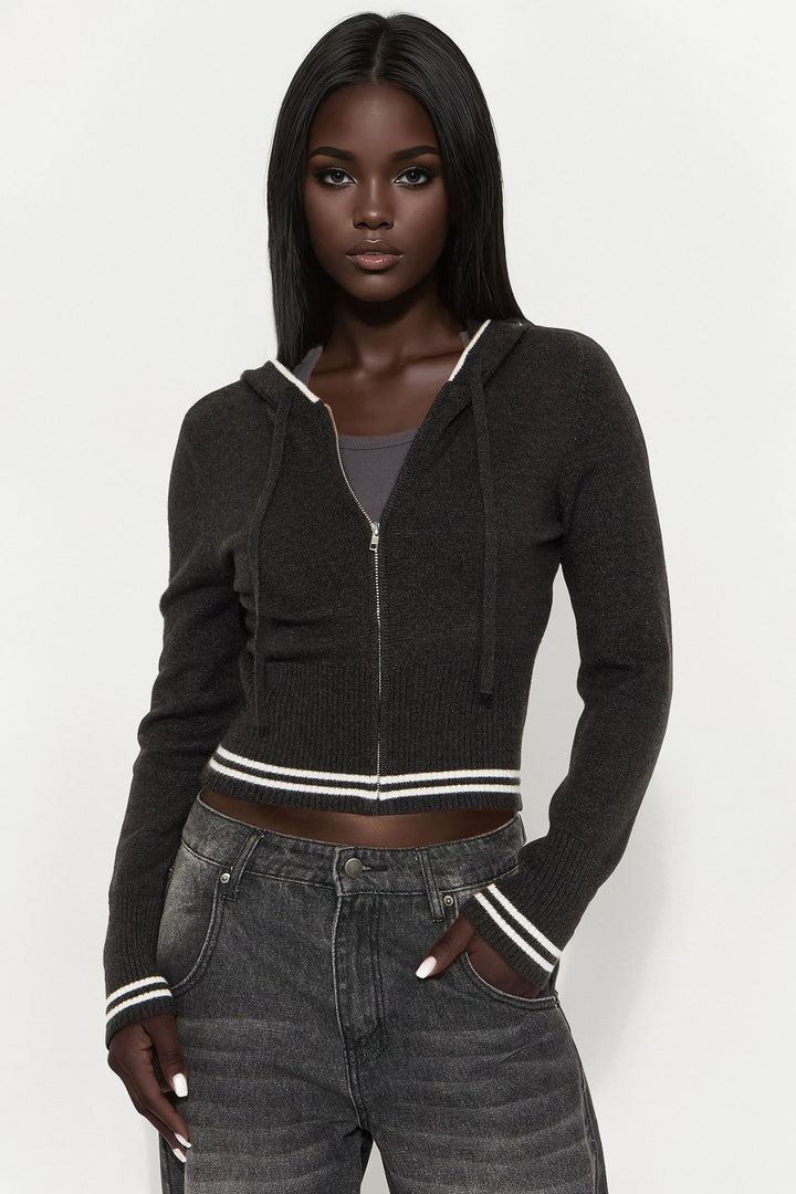 Snuggle Season Zip Front Hooded Sweater - Charcoal