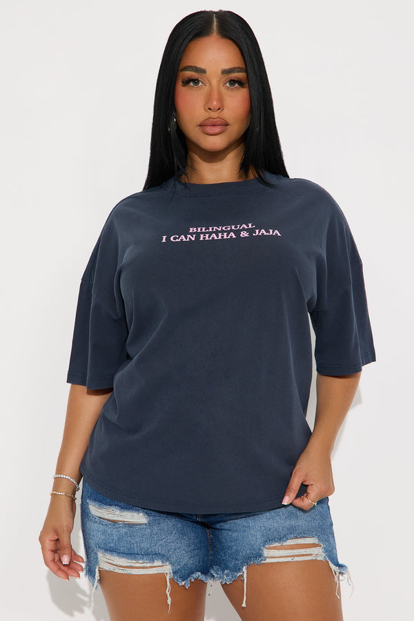 Bilingual Haha Jaja Washed Tshirt - Navy Wash