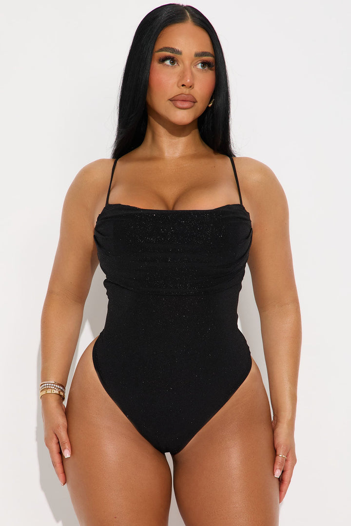 Star Dust Ruched Glitter Bodysuit - Black