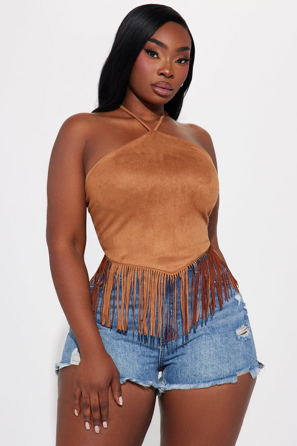 Southern Charm Faux Suede Halter Top - Camel