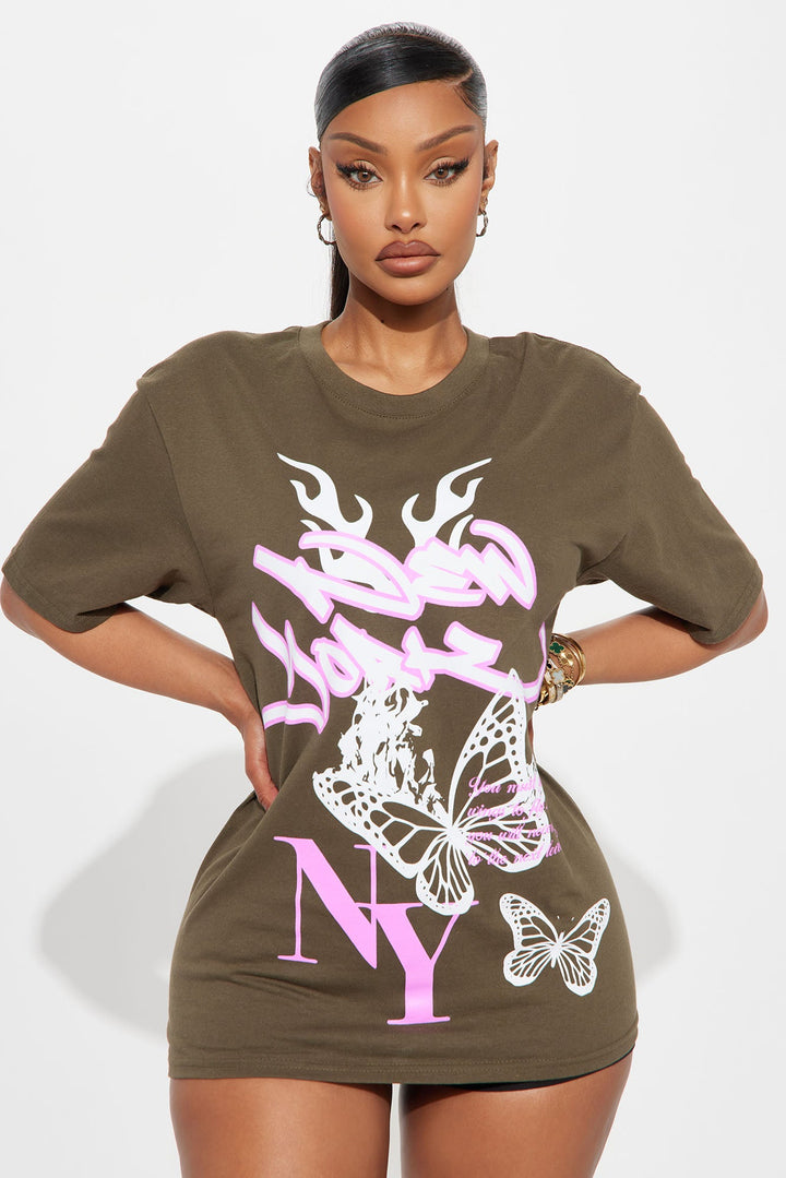 New York Butterfly Oversized Tee - Dark Olive