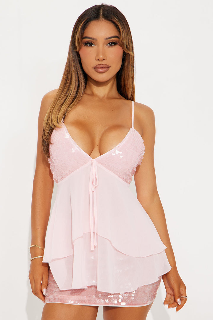 Stay Cute Sequin Chiffon Babydoll Top - Pink