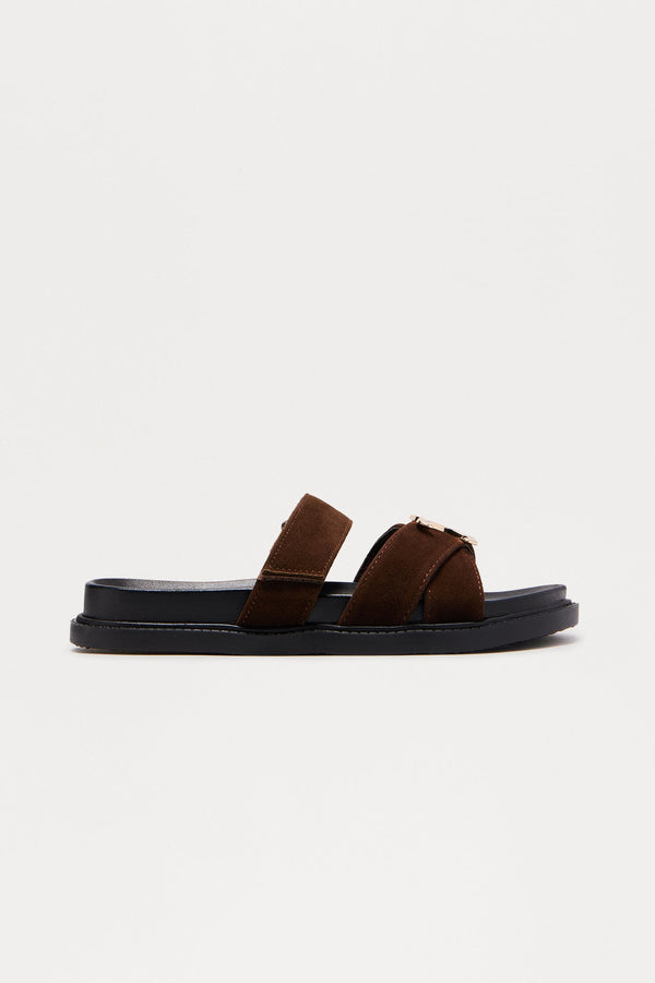 Owen Hardware Faux Suede Slides - Chocolate