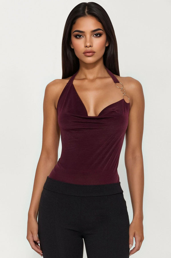 90's Sass Cowl Neck Halter Top - Burgundy