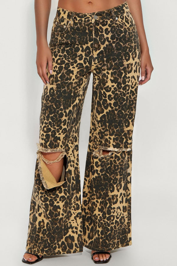 Lure You In Leopard Print Wide Leg Jeans - Olive/combo