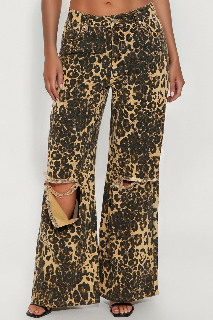 Lure You In Leopard Print Wide Leg Jeans - Olive/combo