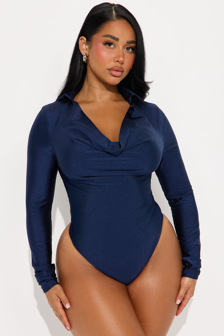 Only Source Long Sleeve Cowl Neck Bodysuit - Navy