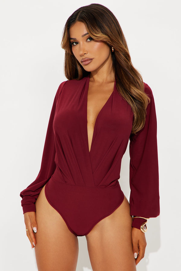 Odette Long Sleeve Surplice Bodysuit - Burgundy