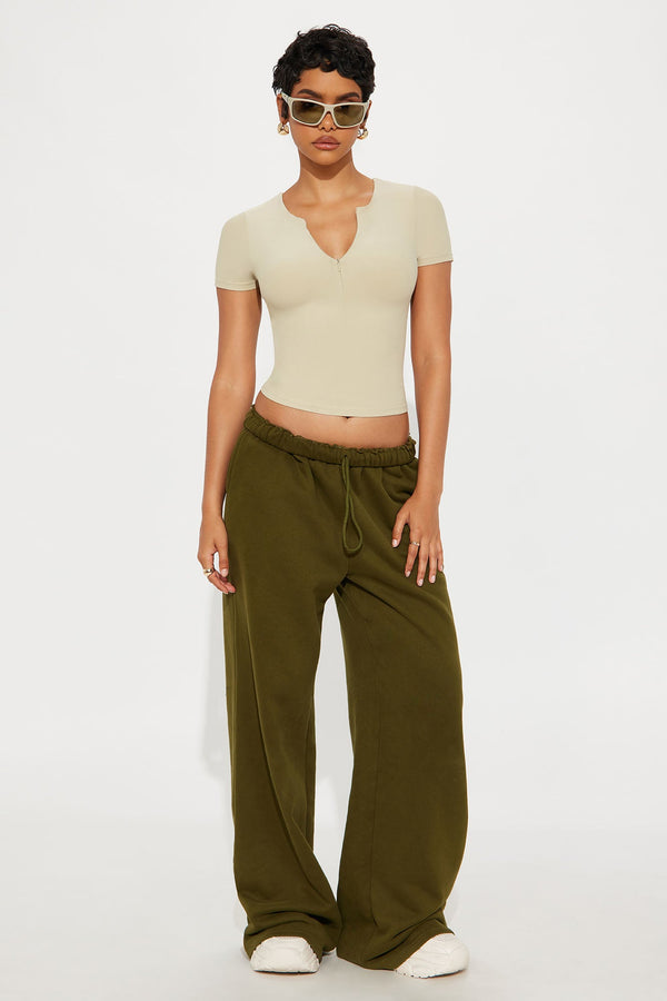 Second Skin Double Lined Zip Front Short Sleeve Top - Stone