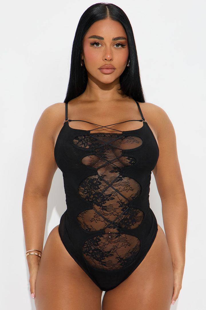 Discover Within Lace Up Sheer Mesh Bodysuit - Black
