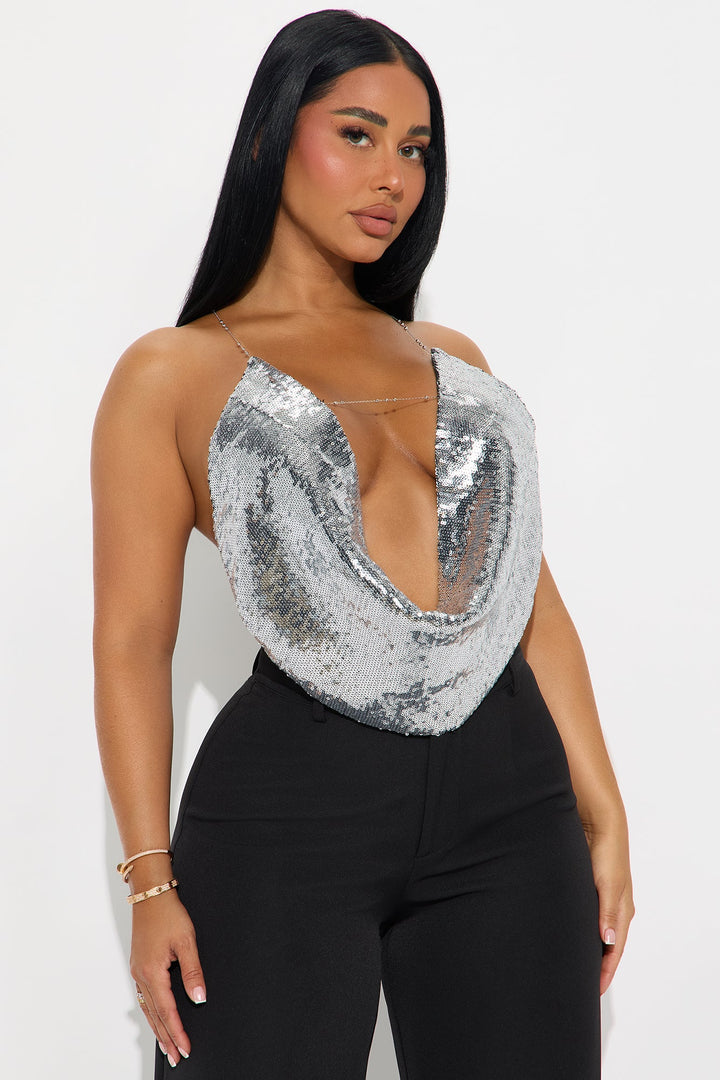 Always A Party Girl Chain Strap Sequin Top - Silver