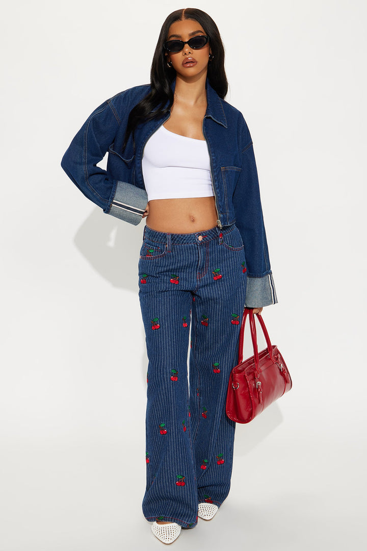 Sweetest Cherry Low Rise Wide Leg Jeans - Medium Wash