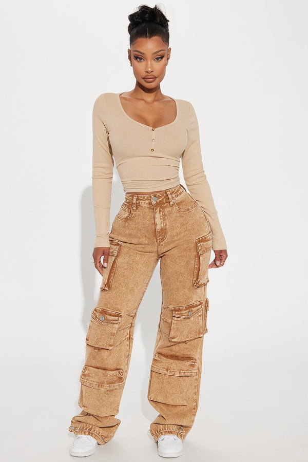 Devoted To It Stretch Cargo Straight Leg Jeans - Brown