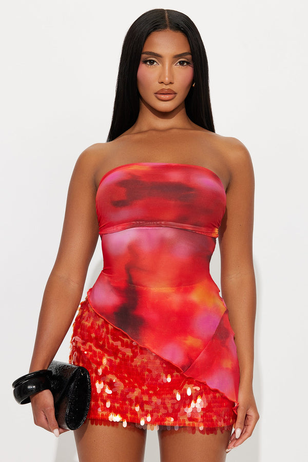 Lynette  Asymmetrical Mesh Tube Top - Red/combo