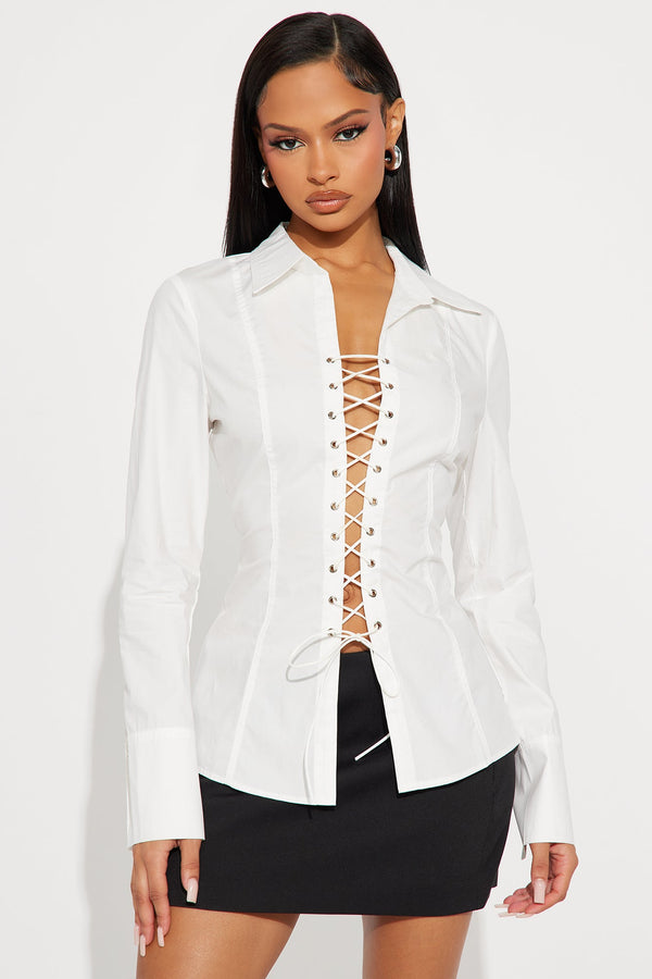 You Know Me Lace Up Poplin Shirt - White