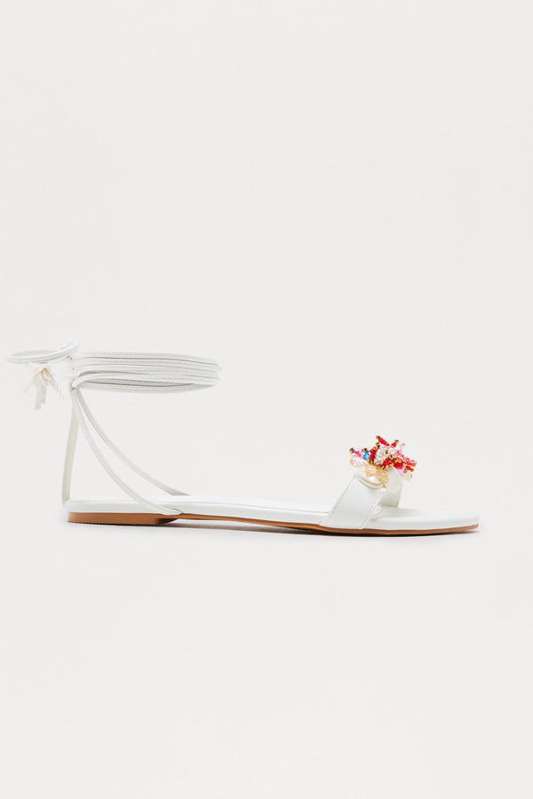Sea Beaded Wrap Up Sandals - White