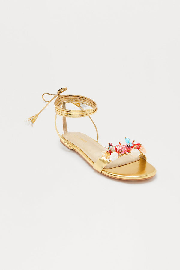Sea Beaded Wrap Up Sandals - Gold