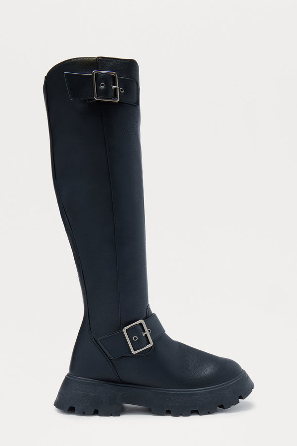 Kyoto Buckle Knee High Boots - Black