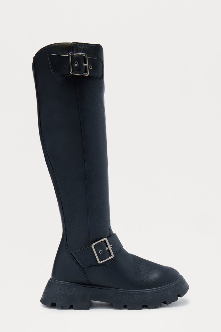 Kyoto Buckle Knee High Boots - Black