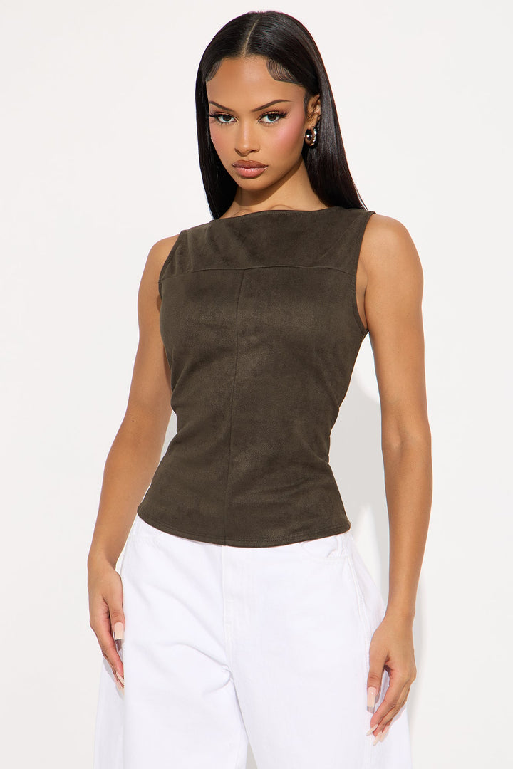 Ori High Neck Faux Suede Top - Grey