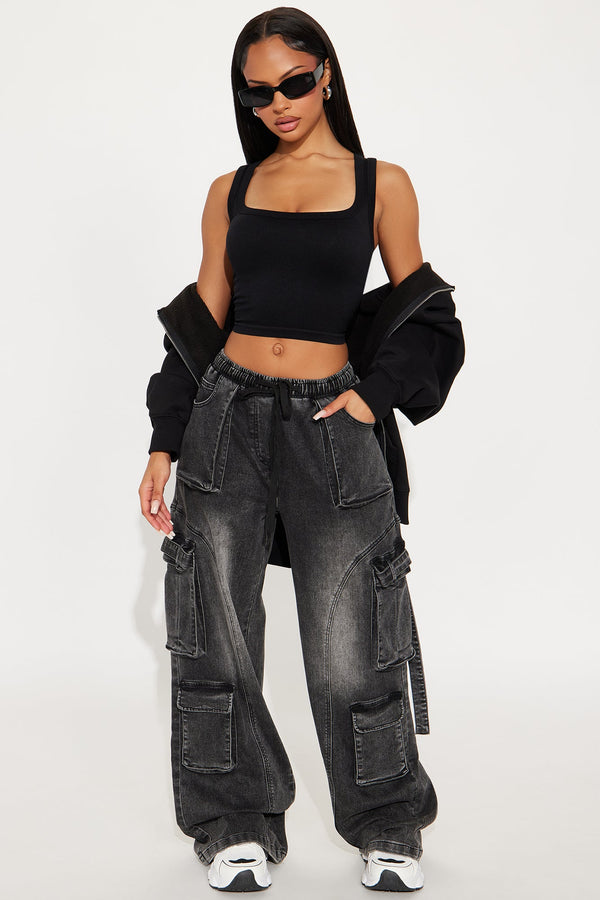 Met My Match Baggy Cargo Jeans - Black Wash