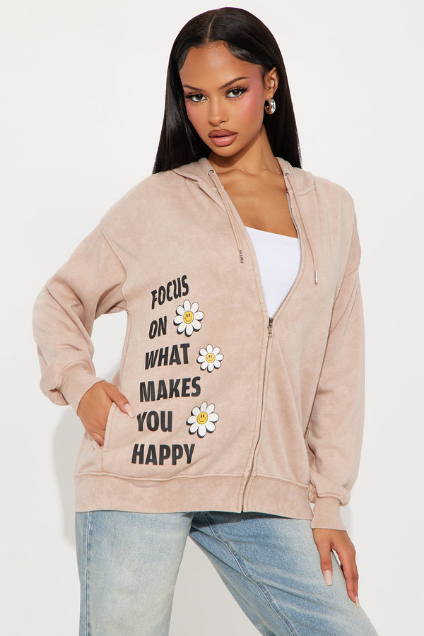 Focus On Happiness Zip Up Hoodie - Taupe