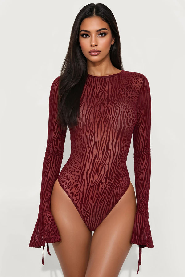 Power Play Flocked Mesh Long Sleeve Bodysuit - Burgundy