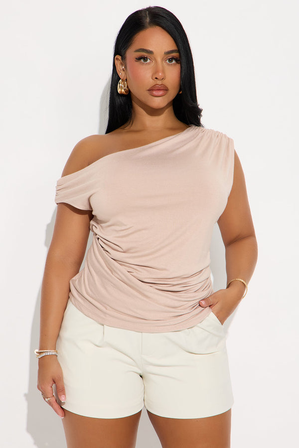 Embrace Her Double Lined Off Shoulder Top - Tan