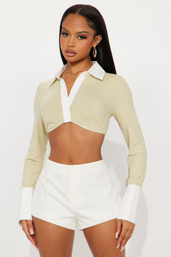 Riviera Long Sleeve Cropped Top - Sage/combo