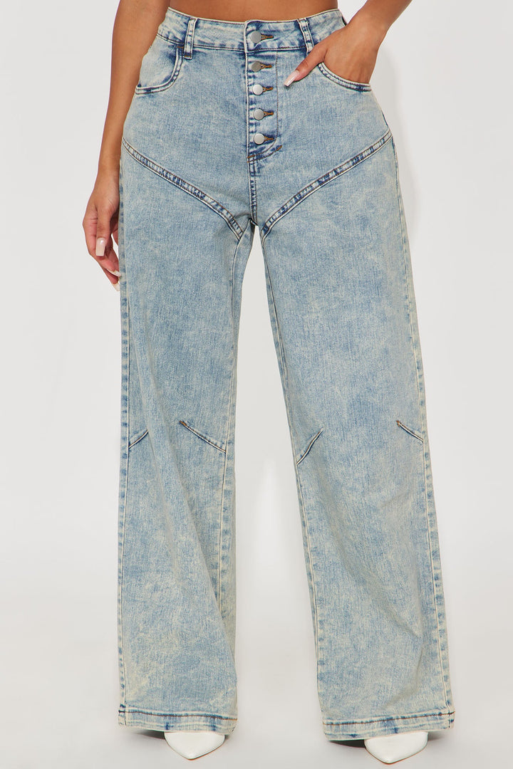 Worthwhile Buttonfly Wide Leg Jeans - Vintage Wash