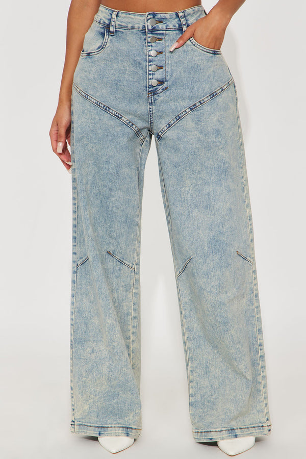 Worthwhile Buttonfly Wide Leg Jeans - Vintage Wash