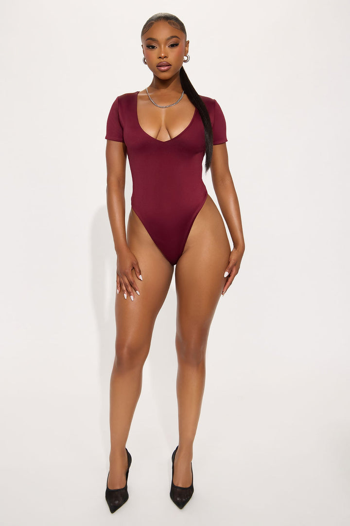 Contour Double Lined Short Sleeve High Cut Bodysuit - Wine