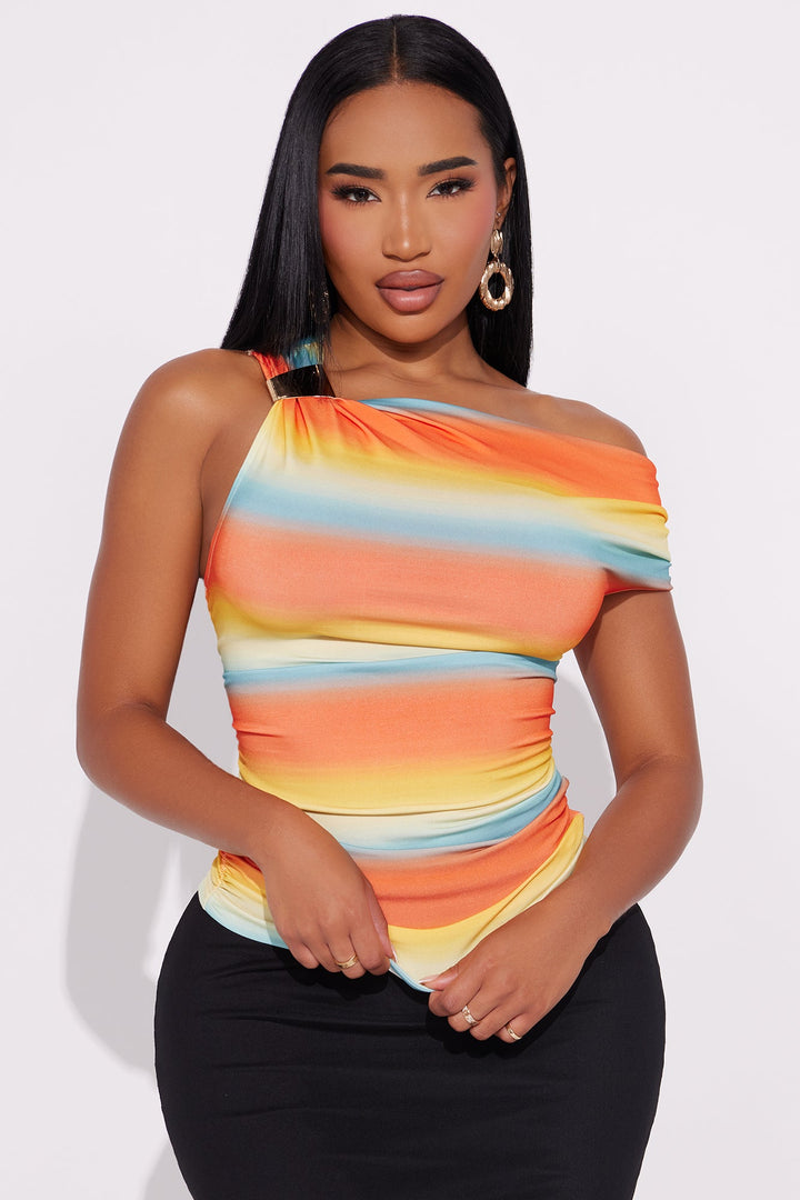 Downtown Girl Ruched Off Shoulder Top - Orange/combo